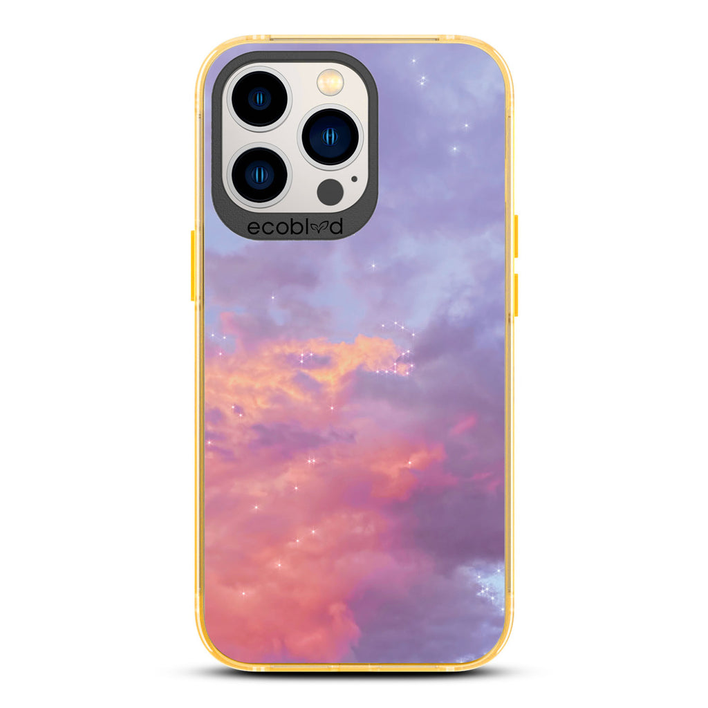 Love Collection -  Yellow Compostable iPhone 13 Pro Case - Cloudy Pastel Sunset With Stars On A Clear Back
