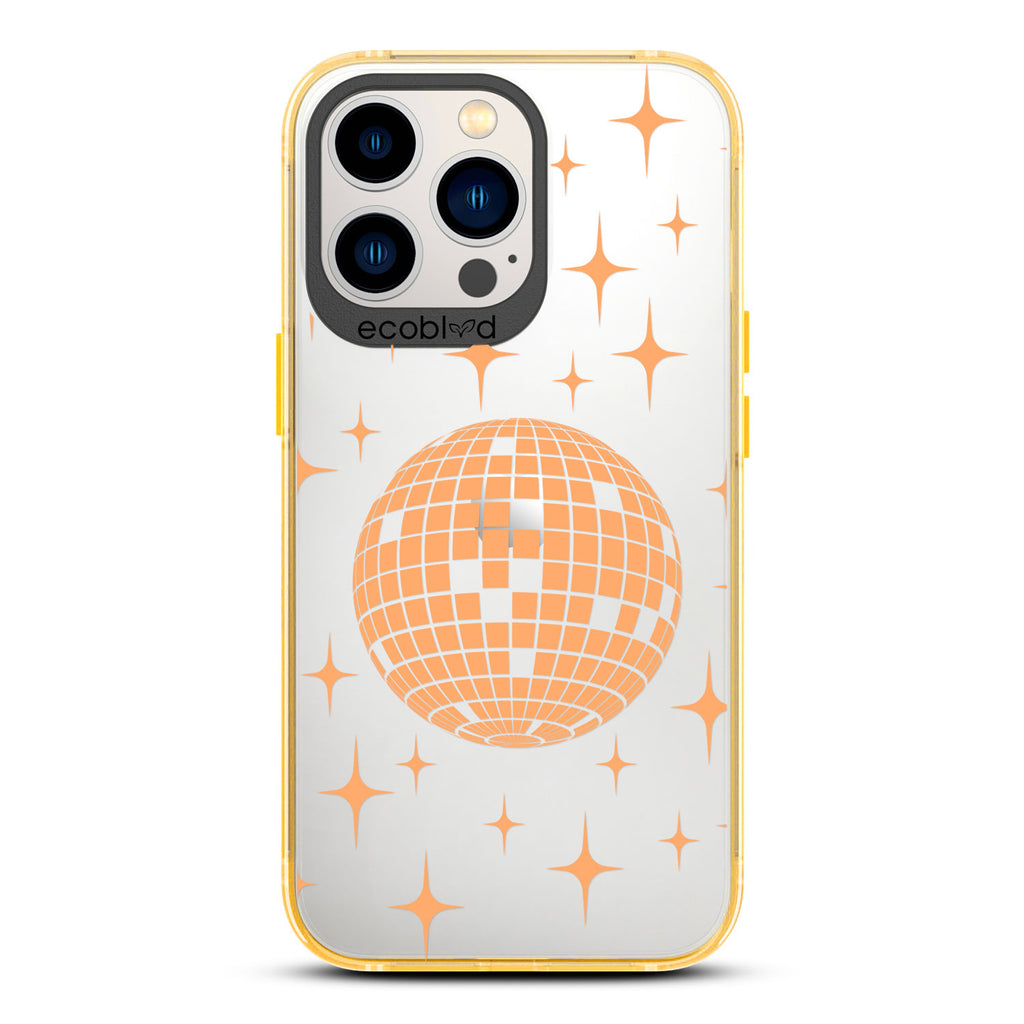 Winter Collection - Yellow Eco-Friendly iPhone 13 Pro Case - A Mirror Ball Shines With Stars On A Clear Back