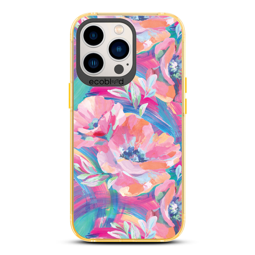 Spring Collection - Yellow Compostable iPhone 13 Pro Case - Pastel-Colored Abstract Painting Of Poppies On Clear Back