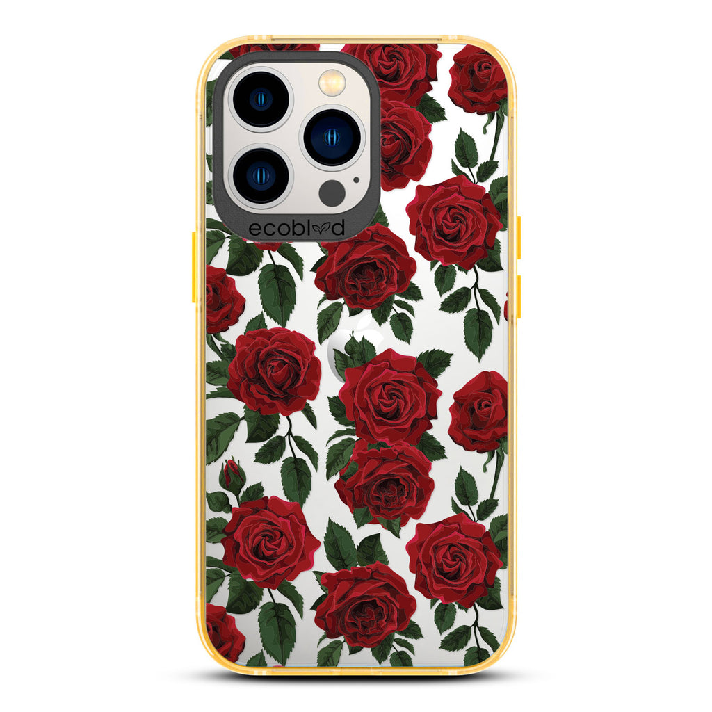 Love Collection - Yellow Compostable iPhone 12 & 13 Pro Max Case - Red Roses & Leaves On A Clear Back