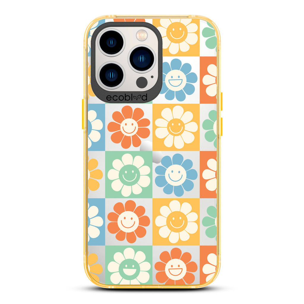 Spring Collection - Yellow Compostable iPhone 13 Pro Case - 70's Gingham Cartoon Flowers W/ Smiley Faces On A Clear Back