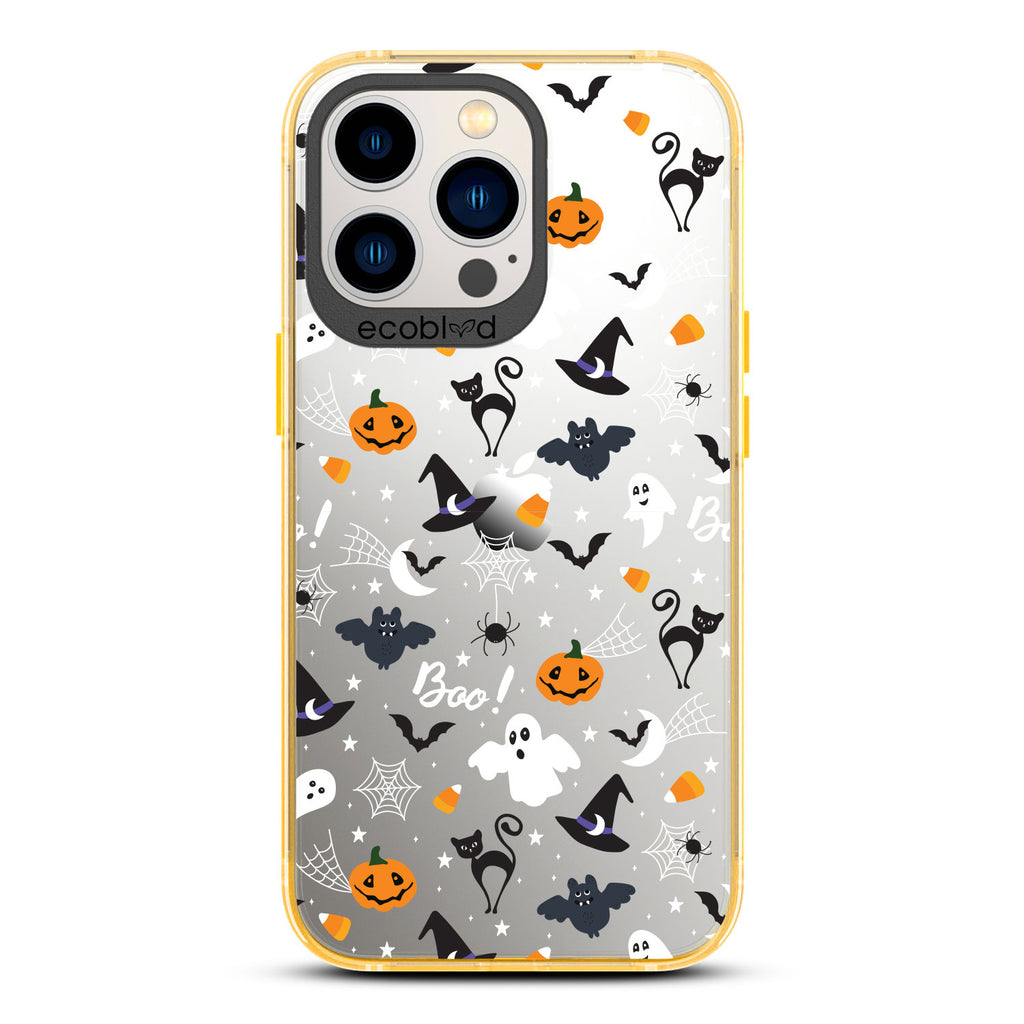 Halloween Collection - Yellow Laguna iPhone 13 Pro Max Case With Spiders, Ghosts & Other Spooky Characters On A Clear Back 