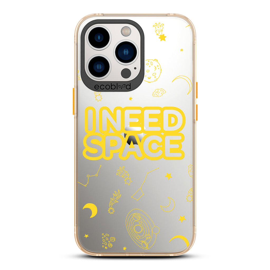 Laguna Collection - Yellow Eco-Friendly iPhone 13 Pro Case With I Need Space, Constellations & Planets On A Clear Back