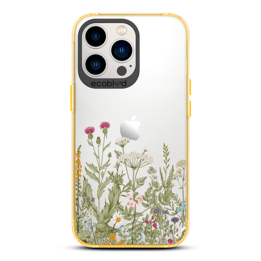 Spring Collection - Yellow Compostable iPhone 13 Pro Case - Wild Herbs & Flowers Botanical Herbarium On A Clear Back