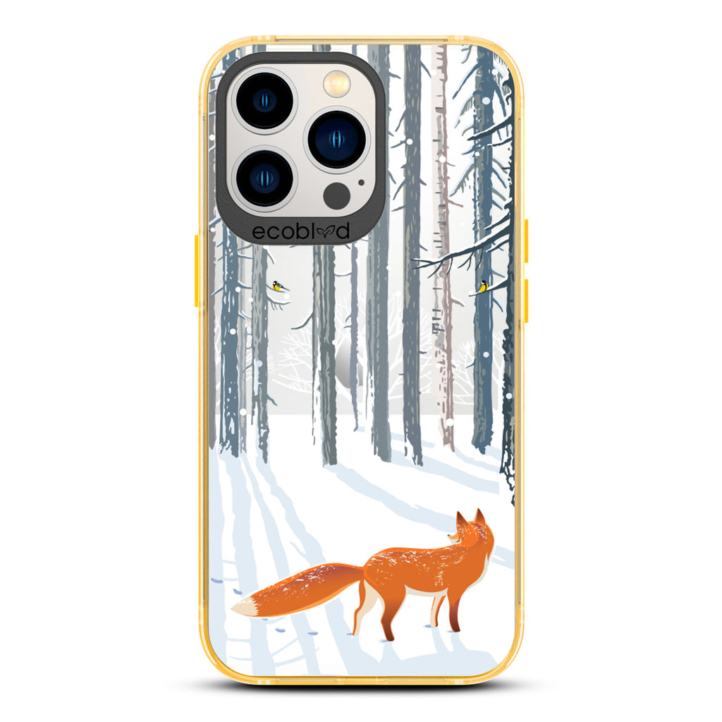 Winter Collection - Yellow Eco-Friendly iPhone 13 Pro Case - Orange Fox Trails Pawprints In Snowy Woods On A Clear Back