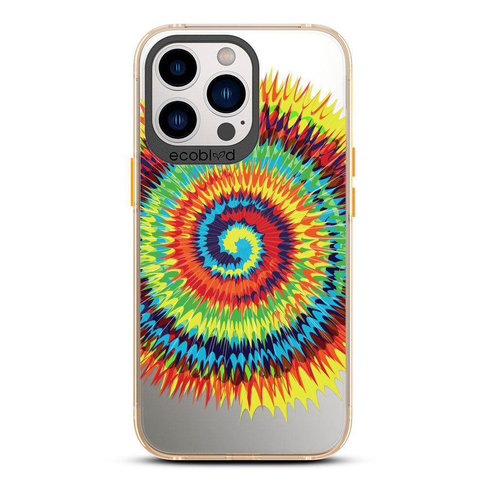 Laguna Collection - Yellow iPhone 13 Pro Case With A Retro Rainbow Tie Dye Print On A Clear Back - 6FT Drop Protection