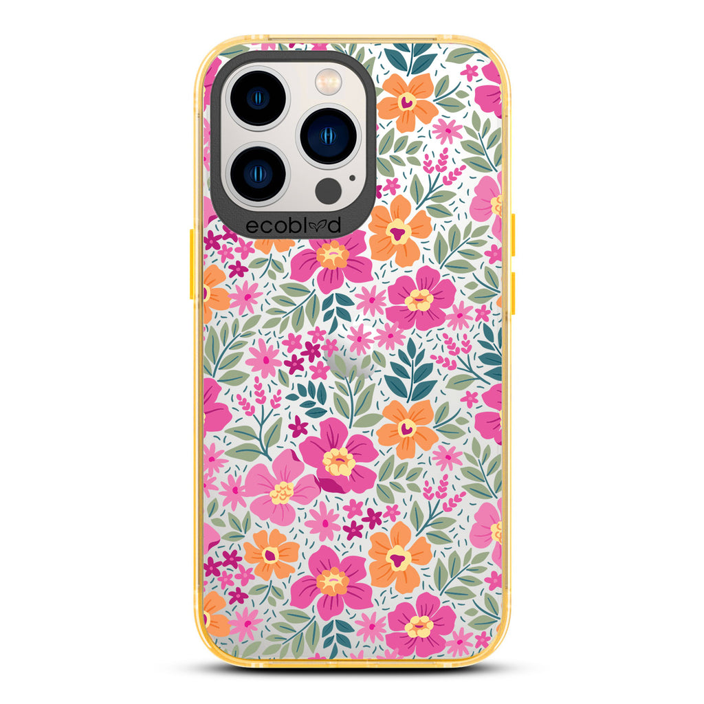 Spring Collection - Yellow Compostable iPhone 13 Pro Case - Bright, Colorful  Vintage Cartoon Flowers with Leaves On A Clear Back