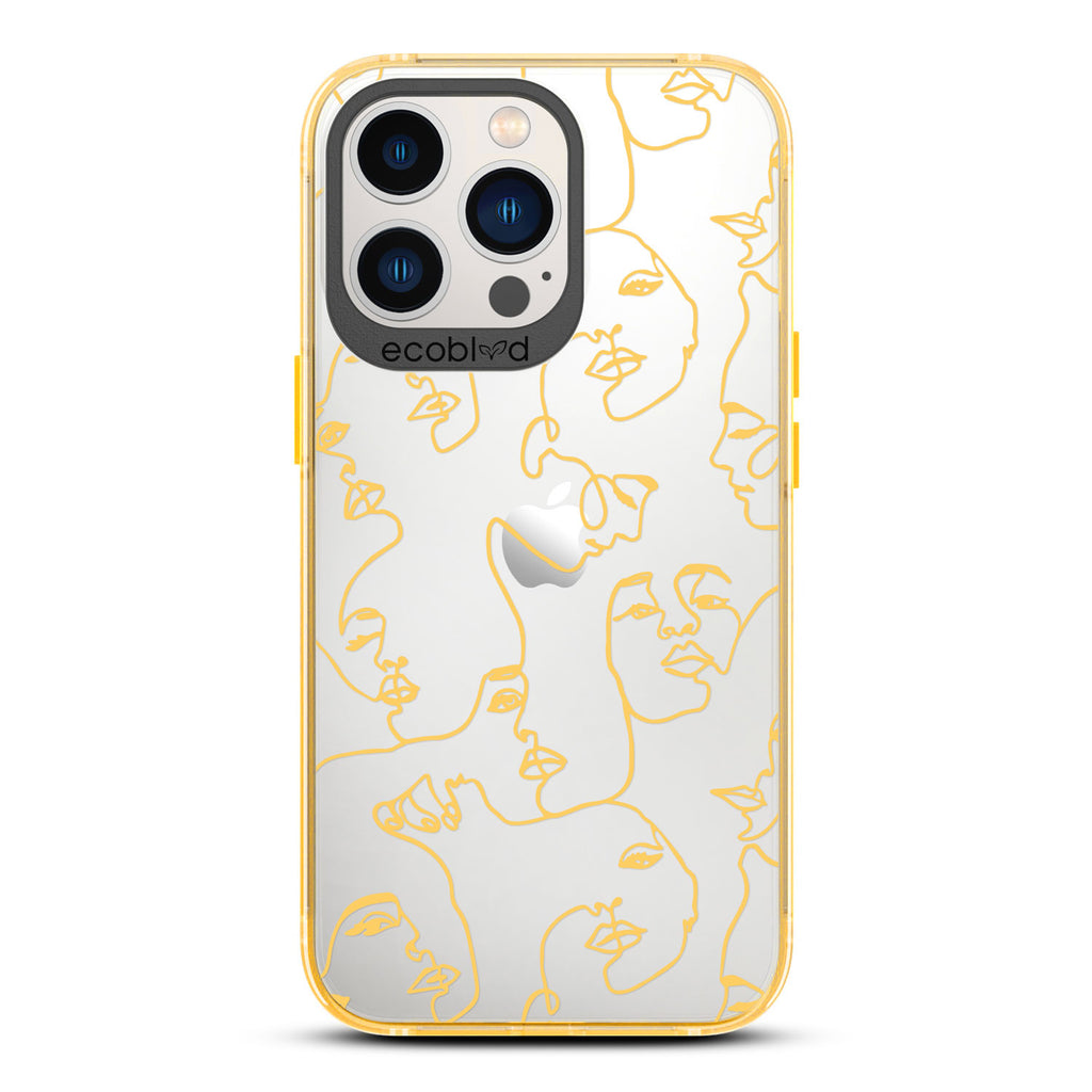 Contemporary Collection - Yellow Compostable iPhone 13 Pro Case - Line Art Of A Woman’s Face On A Clear Back