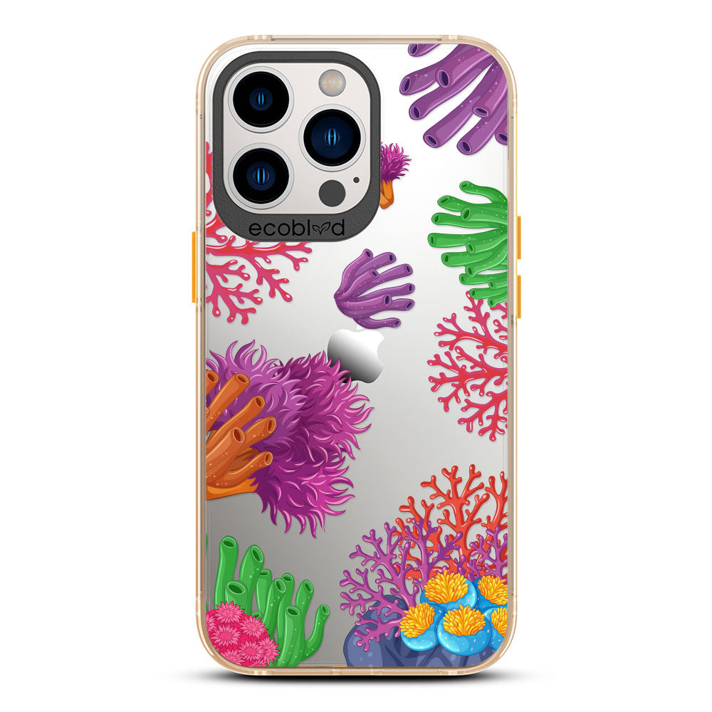 Laguna Collection - Yellow Eco-Friendly iPhone 13 Pro Max / 12 Pro Max Case With Colorful Coral Reef On A Clear Back