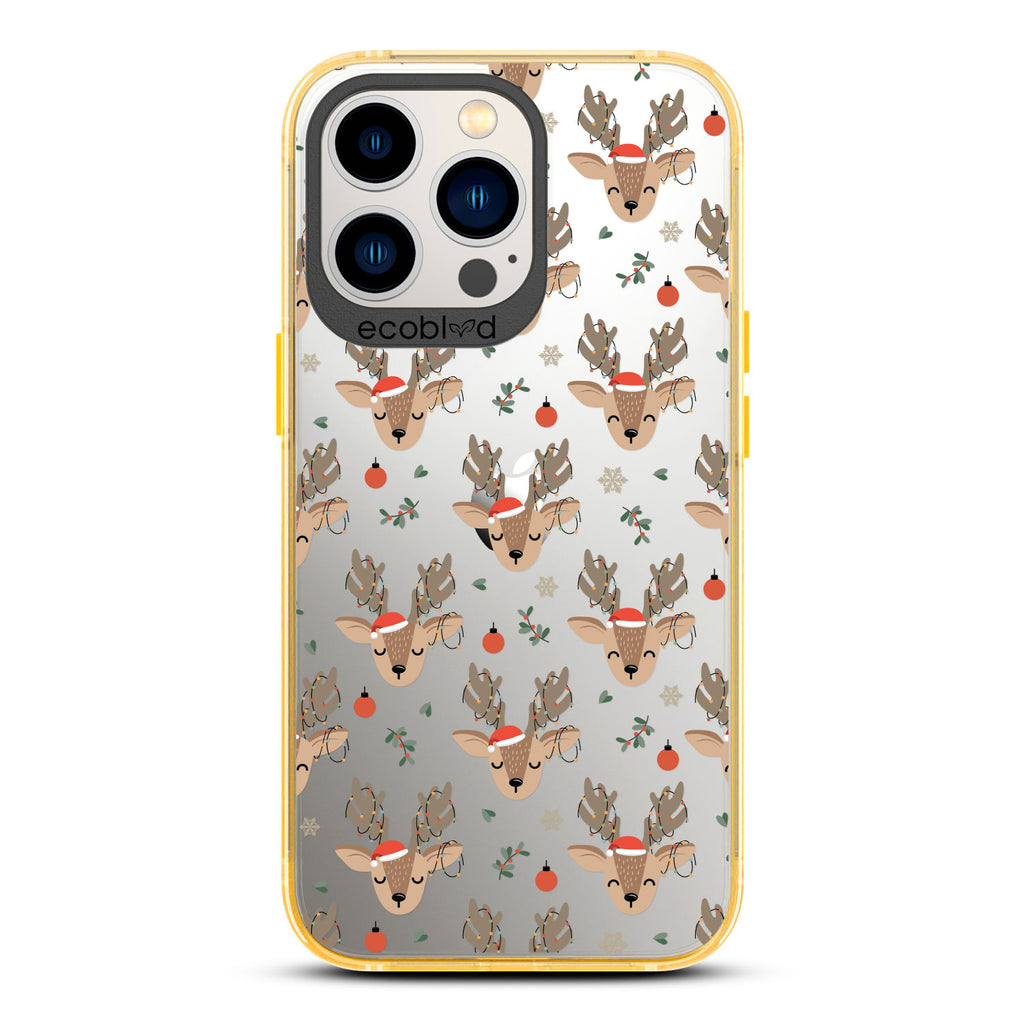 Winter Collection - Yellow Laguna iPhone 13 Pro Case With Reindeer Wearing Santa Hats & Christmas Lights On A Clear Back