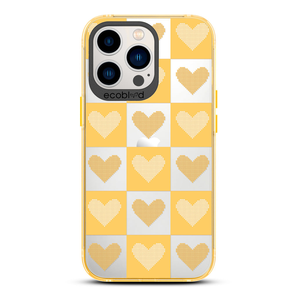 Love Collection - Yellow Compostable iPhone 13 Pro Case - Yellow Checkered Print With Knitted Hearts On A Clear Back