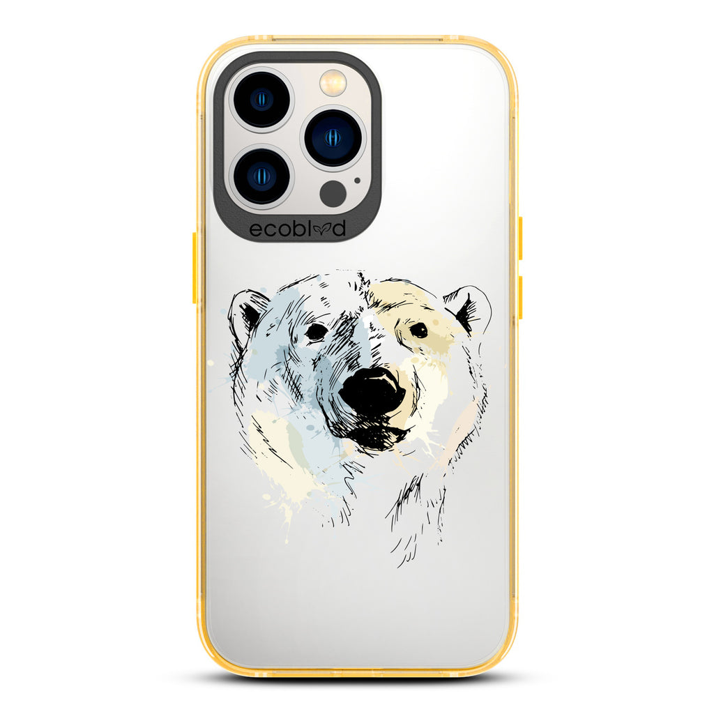 Winter Collection - Yellow Compostable iPhone 13 Pro Case - Illustrated Polar Bear Face On Clear Back