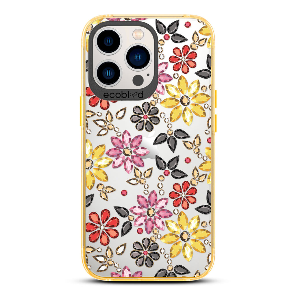 Spring Collection - Yellow Compostable iPhone 12/13 Pro Max Case - Rhinestone Jewels In Floral Patterns On A Clear Back