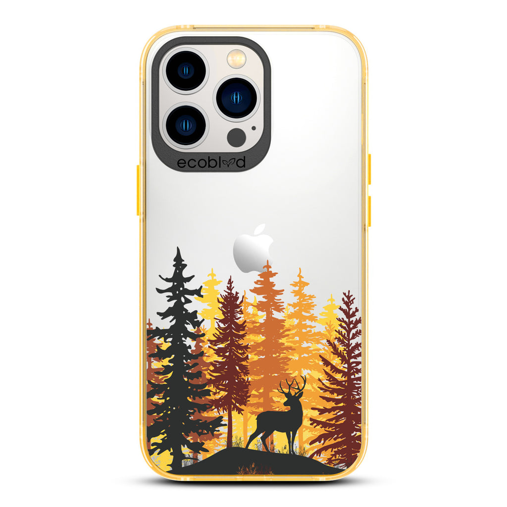 Winter Collection - Yellow Compostable iPhone 12 & 13 Pro Max Case - Wild Stag Standing On Boulder In The Woods On Clear Back