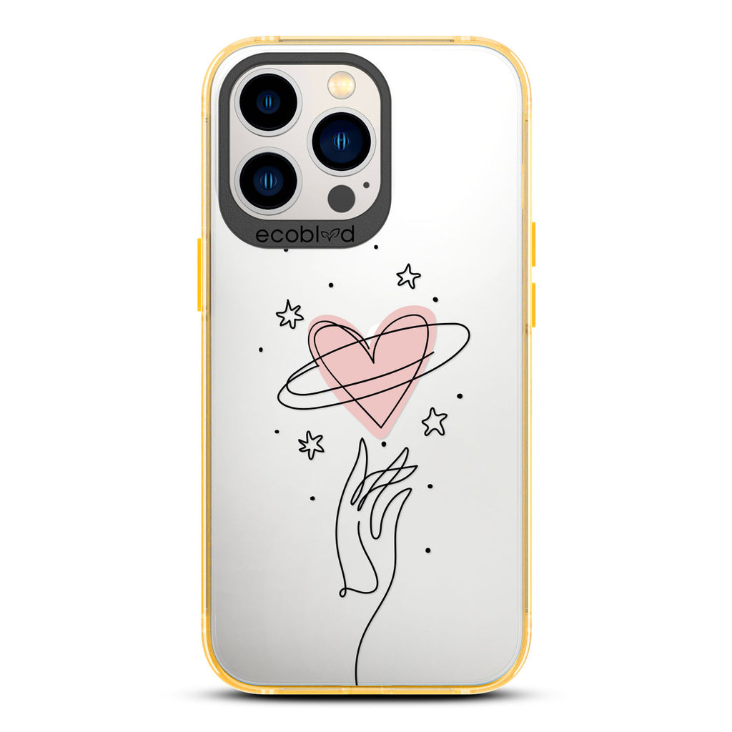 Love Collection - Yellow Compostable iPhone 13 Pro Case - Line Art Hand Reaching Out For Pink Heart, Stars On Clear Back