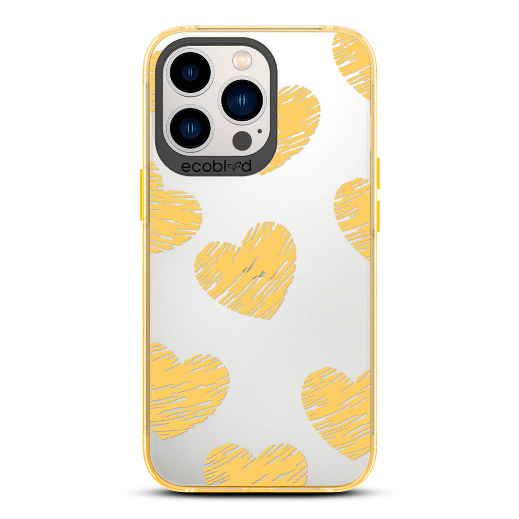 Love Collection - Yellow Compostable iPhone 12/13 Pro Max Case - Green Scribbled Hearts On A Clear Back