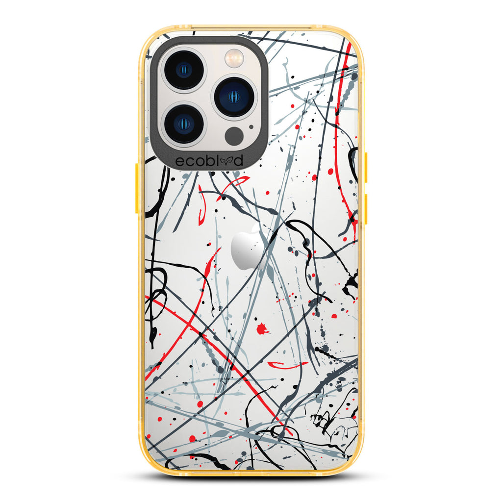 Contemporary Collection - Yellow Compostable iPhone 12/13 Pro Max Case - Black & Red Paint Splatter On A Clear Back