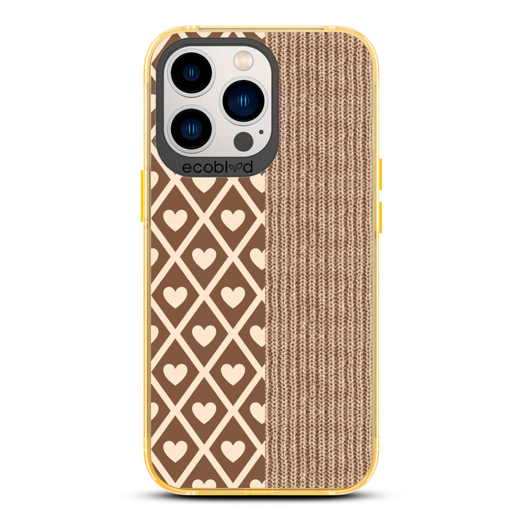 Love Collection - Yellow Compostable iPhone 13 Pro Case - Left: Brown Argyle Print & Right: Sewn Fabric On A Clear Back