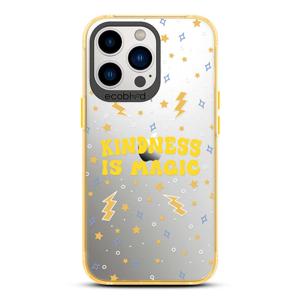 Laguna Collection - Yellow Compostable iPhone 12 & 13 Pro Max Case With Kindness Is Magic, Lightning & Stars On A  Clear Back