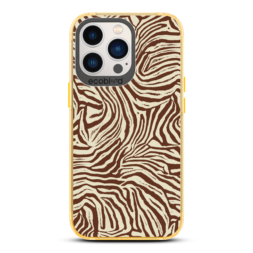 Contemporary Collection - Yellow Compostable iPhone 13 Pro Case - Brown Zebra Print On A Clear Back
