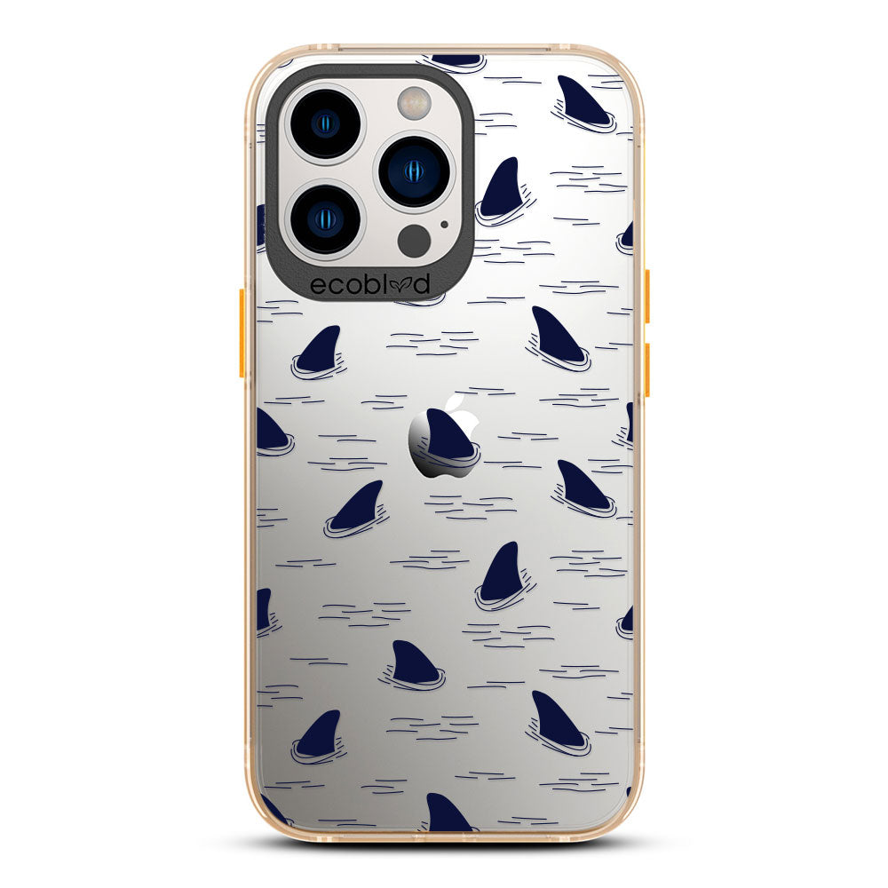 Laguna Collection - Yellow iPhone 13 Pro Case With Shark Fins Peeking From Water On A Clear Back - 6FT Drop Protection