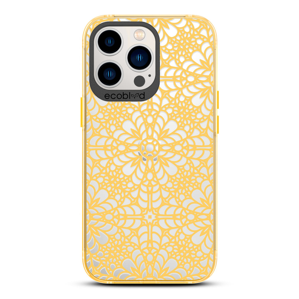 Spring Collection - Yellow Compostable iPhone 13 Pro Case - Intricate Lace Tapestry Pattern On A Clear Back