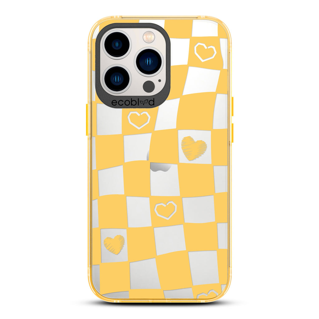 Love Collection - Yellow Compostable iPhone 13 Pro Case - Wavy Checkered Print & Scribbled Hearts On A Clear Back