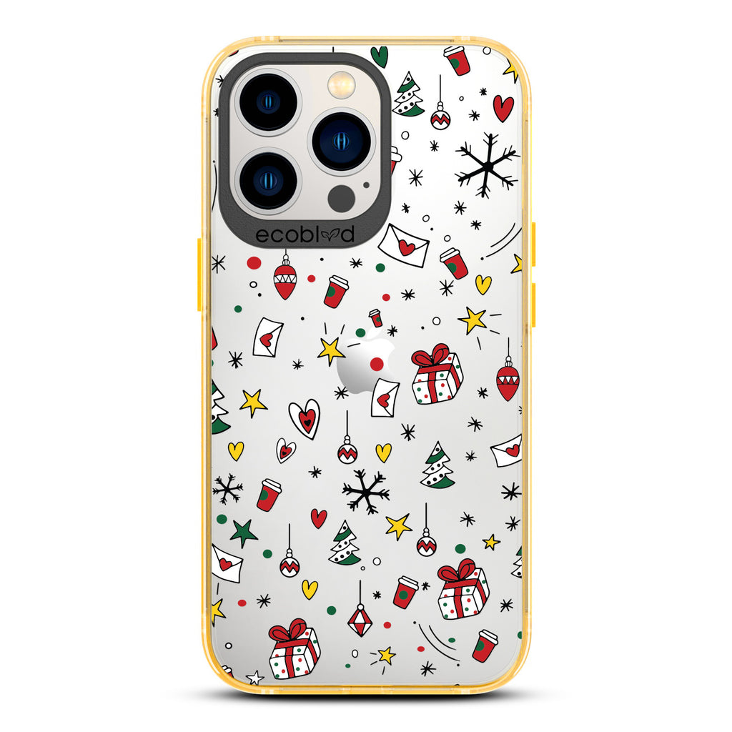 Winter Collection - Yellow Eco-Friendly Laguna iPhone 13 Pro Case With Coffee Cups & Holiday Novelties On A Clear Back