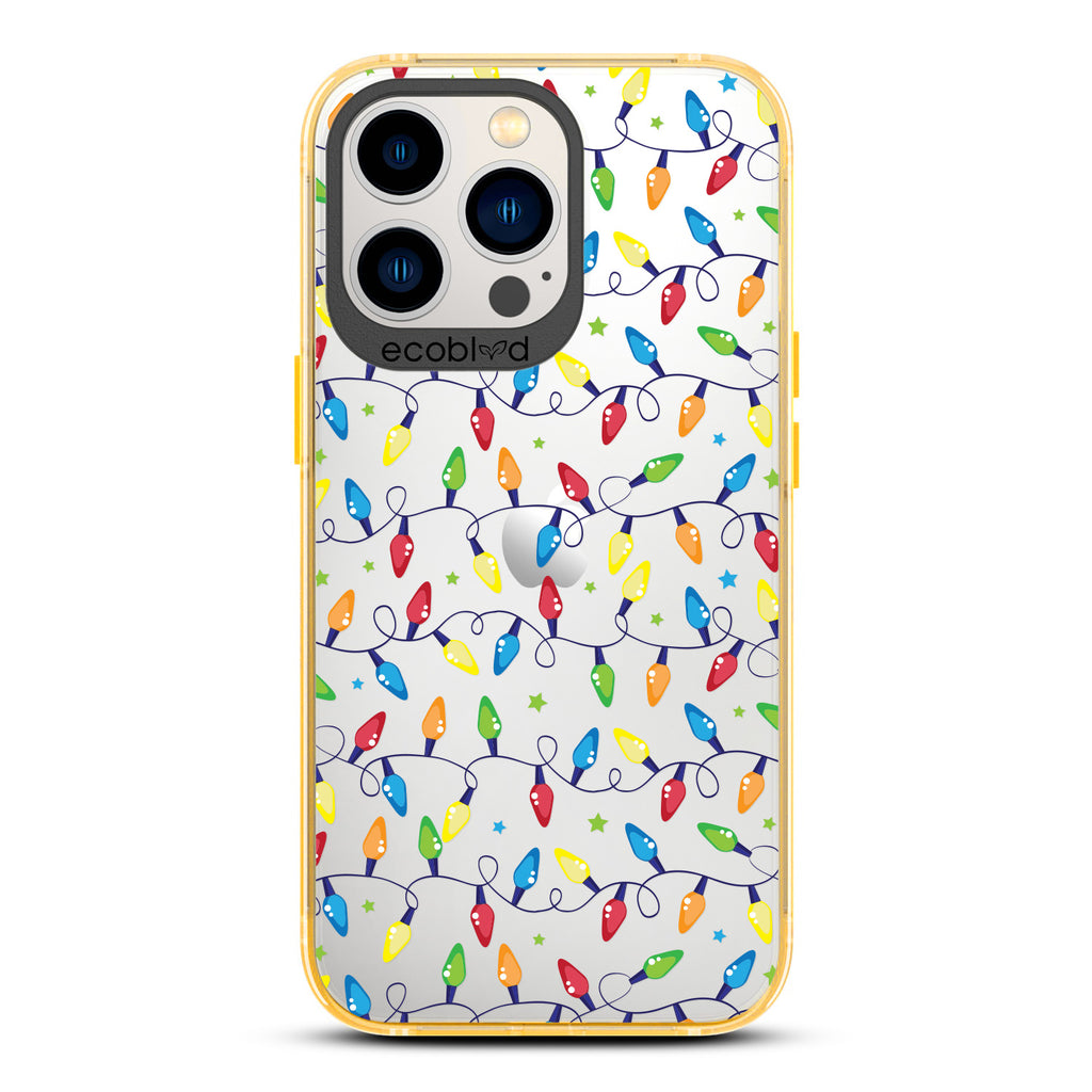 Winter Collection - Yellow Compostable Laguna iPhone 13 Pro Case With Colorful Christmas Lights & Stars On A Clear Back