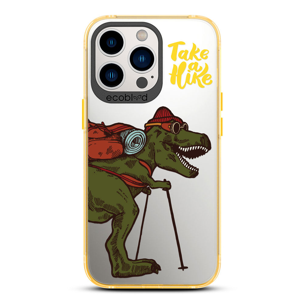Laguna Collection - Yellow iPhone 13 Pro Case With A Trail-Ready T-Rex And A Quote Saying Take A Hike On A Clear Back