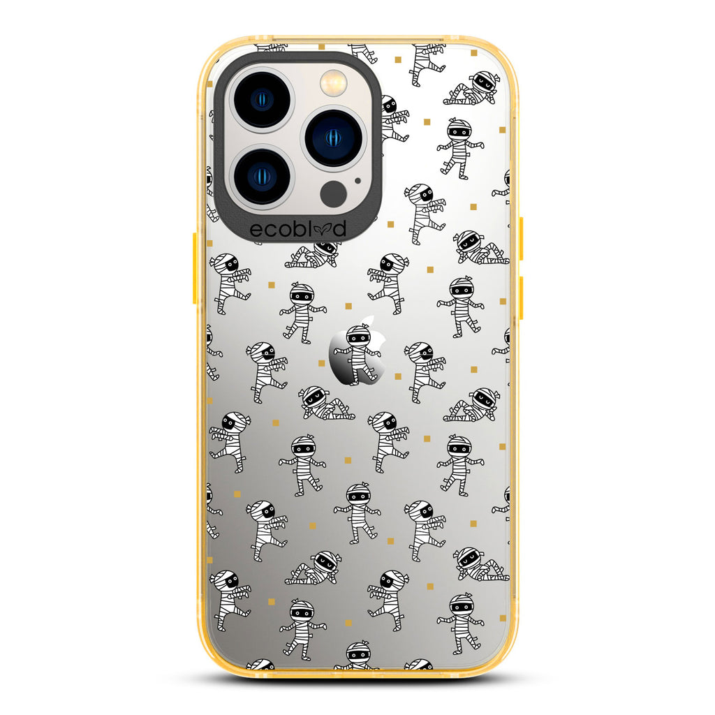 Halloween Collection - Yellow Laguna iPhone 13 Pro Case With Multiple Cartoon Mummies Walking & Laying On A Clear Back
