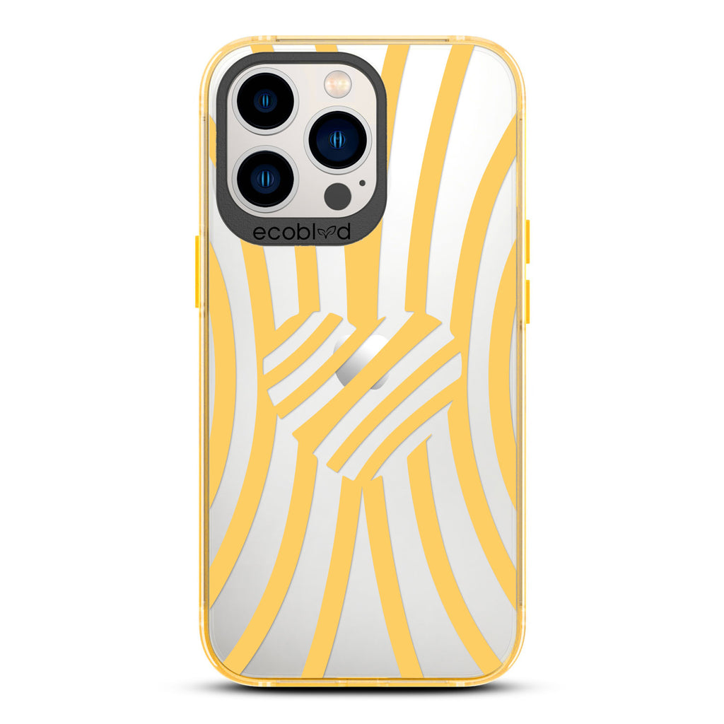 Love Collection - Yellow Compostable iPhone 13 Pro Case - Yellow Zebra Stripes & A Heart In The Center On A Clear Back