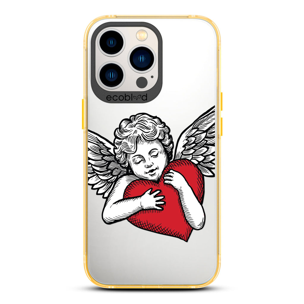 Love Collection - Yellow Compostable iPhone 13 Pro Case - Black & Grey Tattoo Style Cupid Holding Red Heart On Clear Back