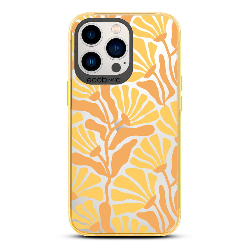 Spring Collection - Yellow Compostable iPhone 13 Pro Case - Tropical Flowers With Tan Base & Yellow Petals On A Clear Back