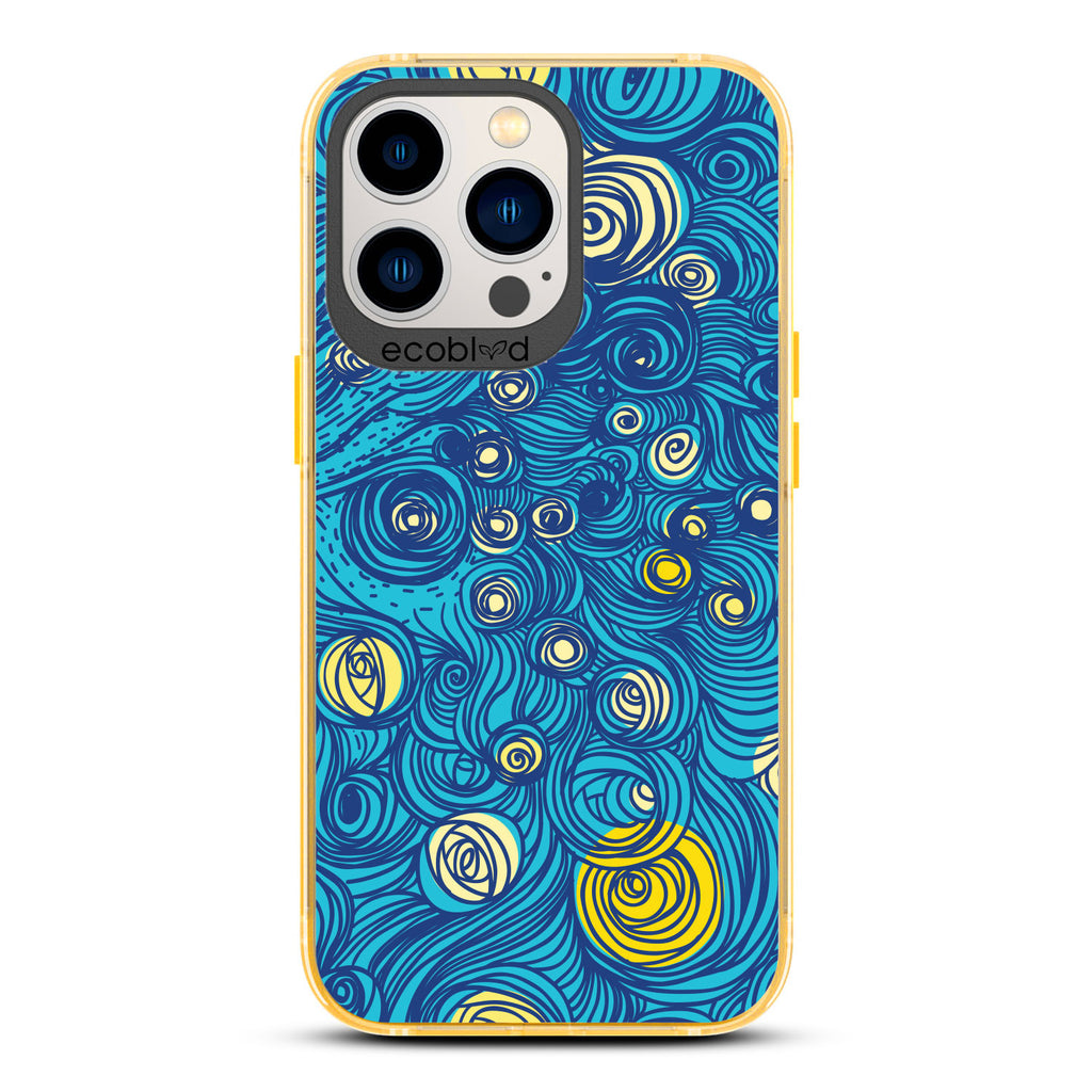 Winter Collection - Yellow Compostable iPhone 13 Pro Case - Van Gogh Starry Night-Inspired Art On A Clear Back