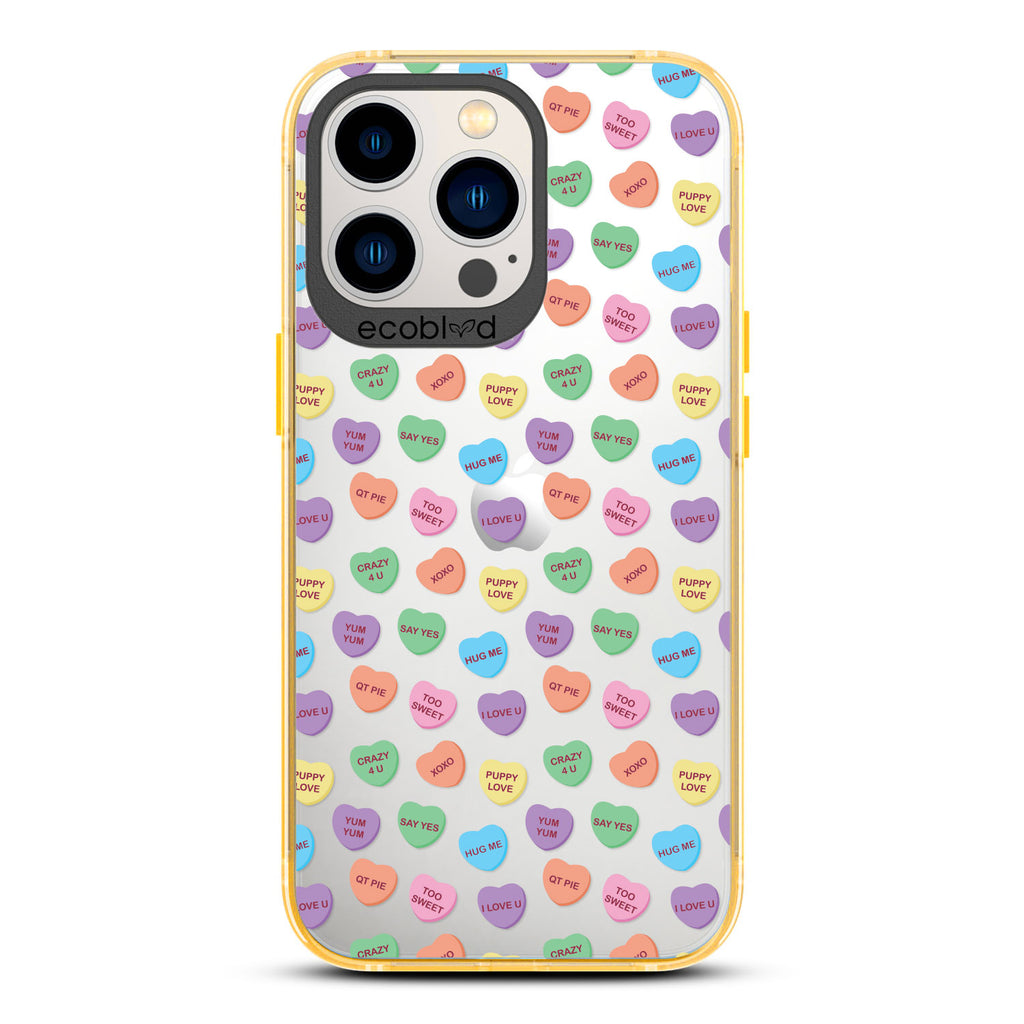 Love Collection - Yellow Compostable iPhone 13 Pro  Case - Pastel Colored Candy Hearts With Romantic Quotes On Clear Back