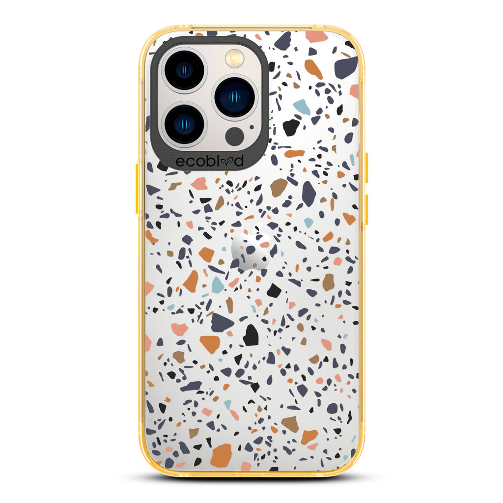 Timeless Collection - Yellow Laguna Compostable iPhone 13 Pro Case With A Speckled Terrazzo Pattern On A Clear Back