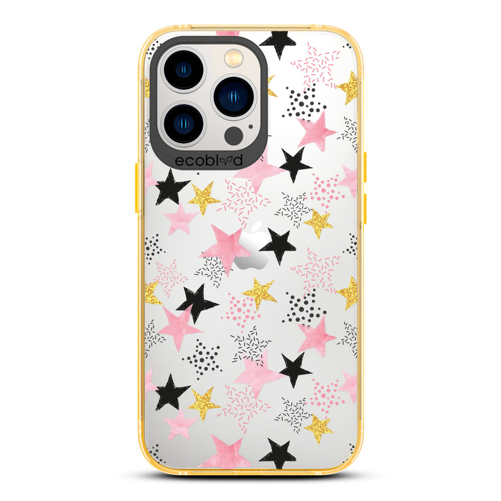 Winter Collection - Yellow Laguna iPhone 13 Pro Case With Pink, Black & Gold Stars In Solid & Polka Dot Patterns