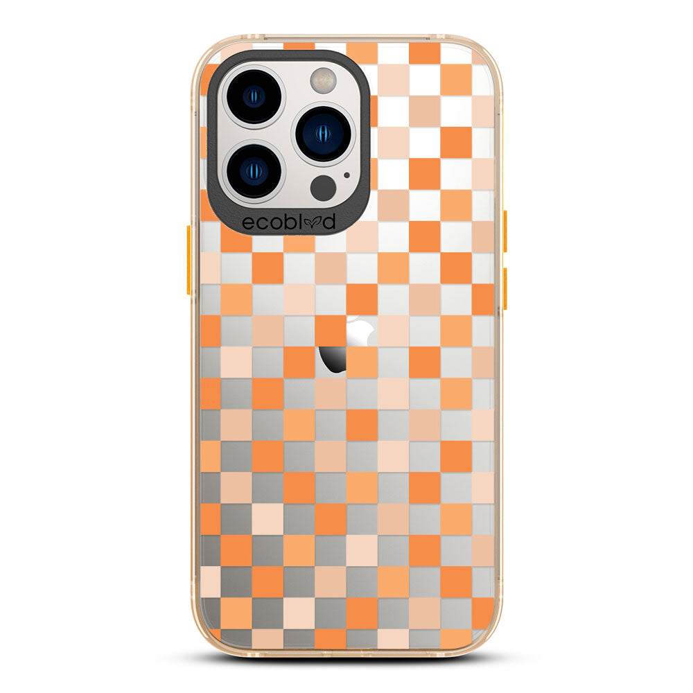 Laguna Collection - Yellow Eco-Friendly iPhone 13 Pro Case With A Checkered Print Pattern On A Clear Back - Compostable