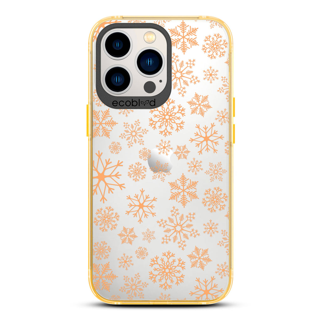 Winter Collection - Yellow Eco-Friendly Laguna iPhone 12 & 13 Pro Max Case With A Snowflake Pattern On A Clear Back
