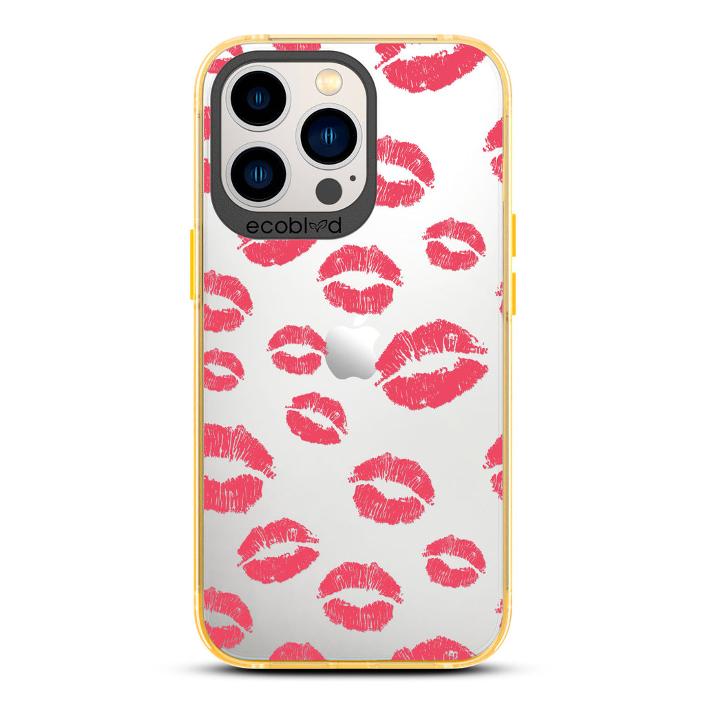 Love Collection - Yellow Compostable iPhone 13 Pro Case - Multiple Red Lipstick Kisses On A Clear Back