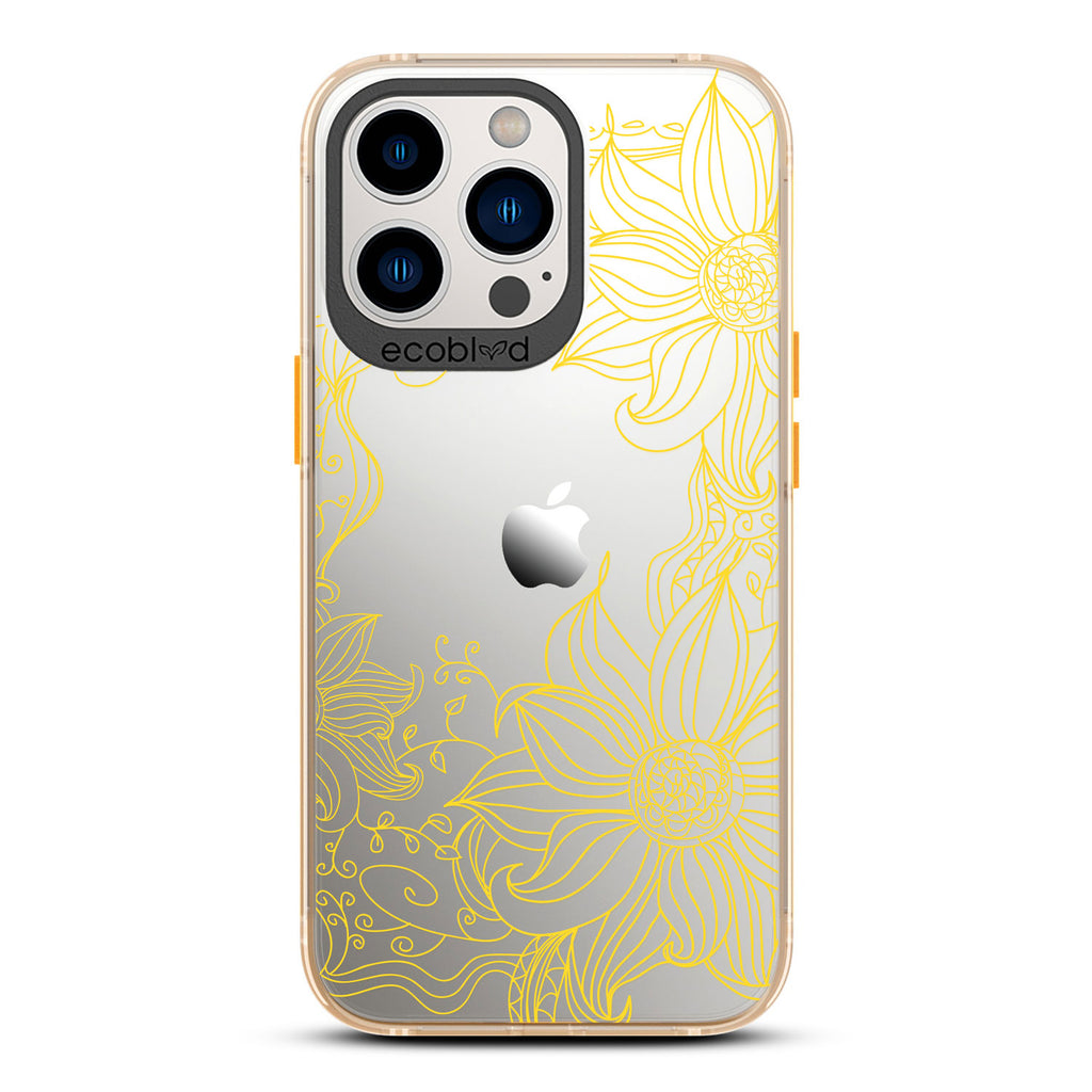 Laguna Collection - Yellow Eco-Friendly iPhone 13 Pro Case With A Sunflower Stencil Line Art Design On A Clear Back