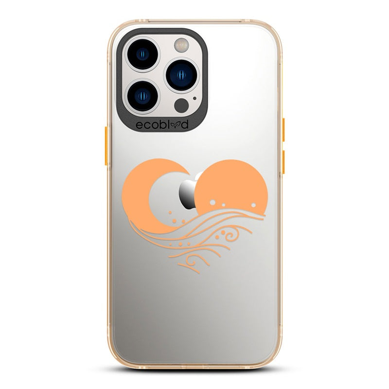 Laguna Collection - Yellow Compostable iPhone 12 & 13 Pro Max Case With Sun, Moon & A Wave Forming A Heart On A Clear Back