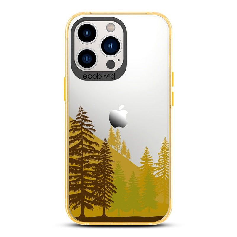Laguna Collection - Yellow Eco-Friendly iPhone 12 & 13 Pro Max Case With Minimalist Mountainside Pine Forest On A Clear Back