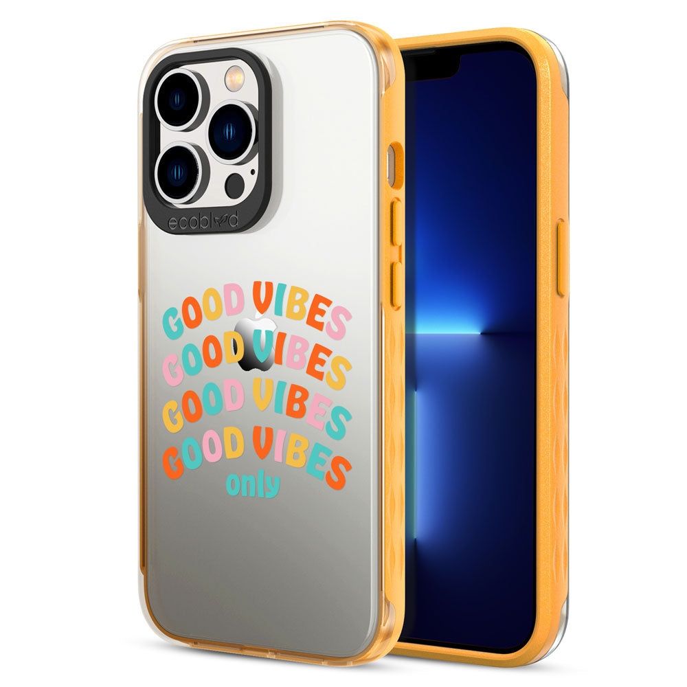 Back View Of Yellow Eco-Friendly iPhone 12 & 13 Pro Max Laguna Case With The Good Vibes Only Design & Front View Of The Screen