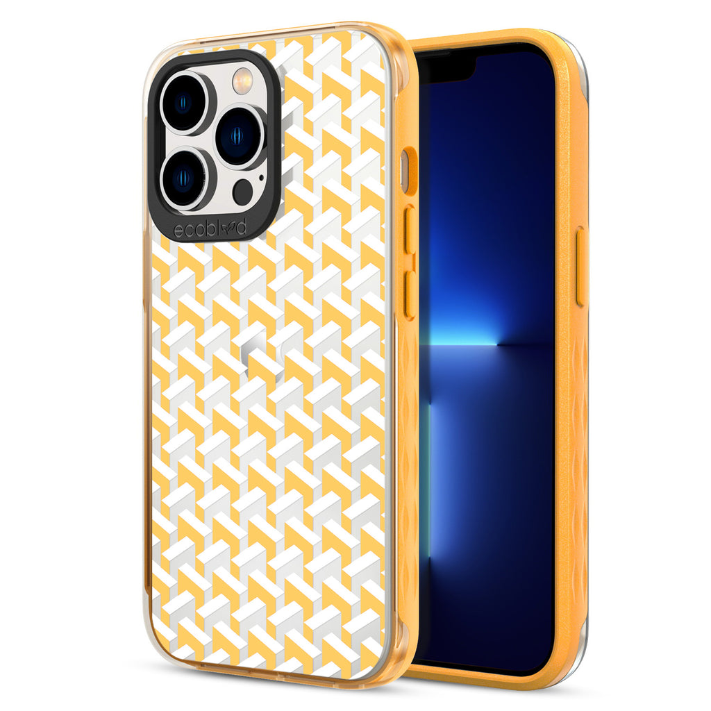 Back View Of Compostable Yellow iPhone 12 & 13 Pro Max Timeless Laguna Case With That's Haute Design & Front View Of Screen