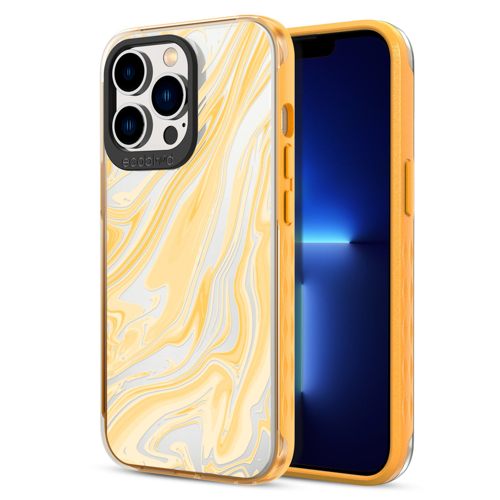 Back View Of Yellow Eco-Friendly iPhone 13 Pro Timeless Laguna Case With The Simply Marbleous Design & Front View Of Screen