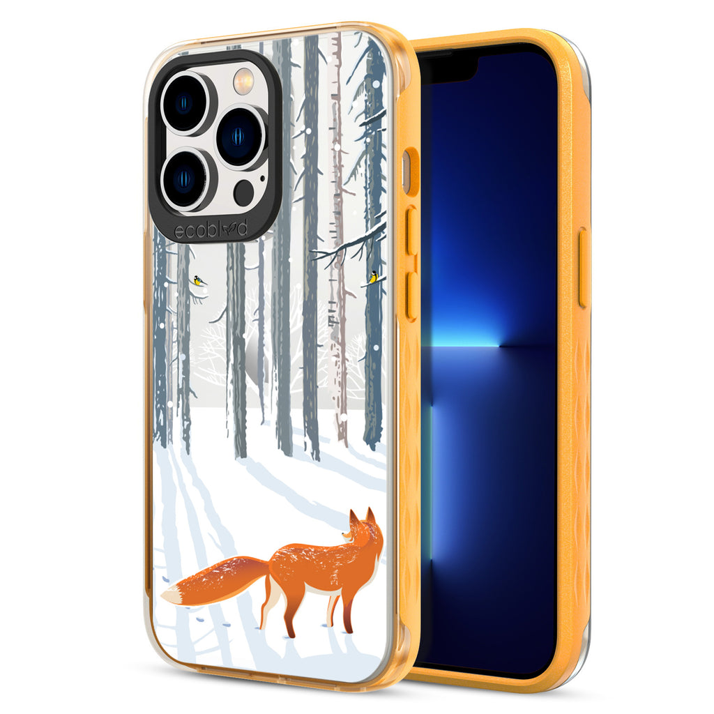 Back View Of Yellow Compostable iPhone 13 Pro Clear Case With The Fox Trot In The Snow Design & Front View Of Screen