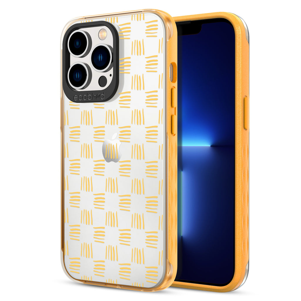 Back View Of Yellow Eco-Friendly iPhone 13 Pro Clear Case With Weave It To Me Design & Front View Of Screen