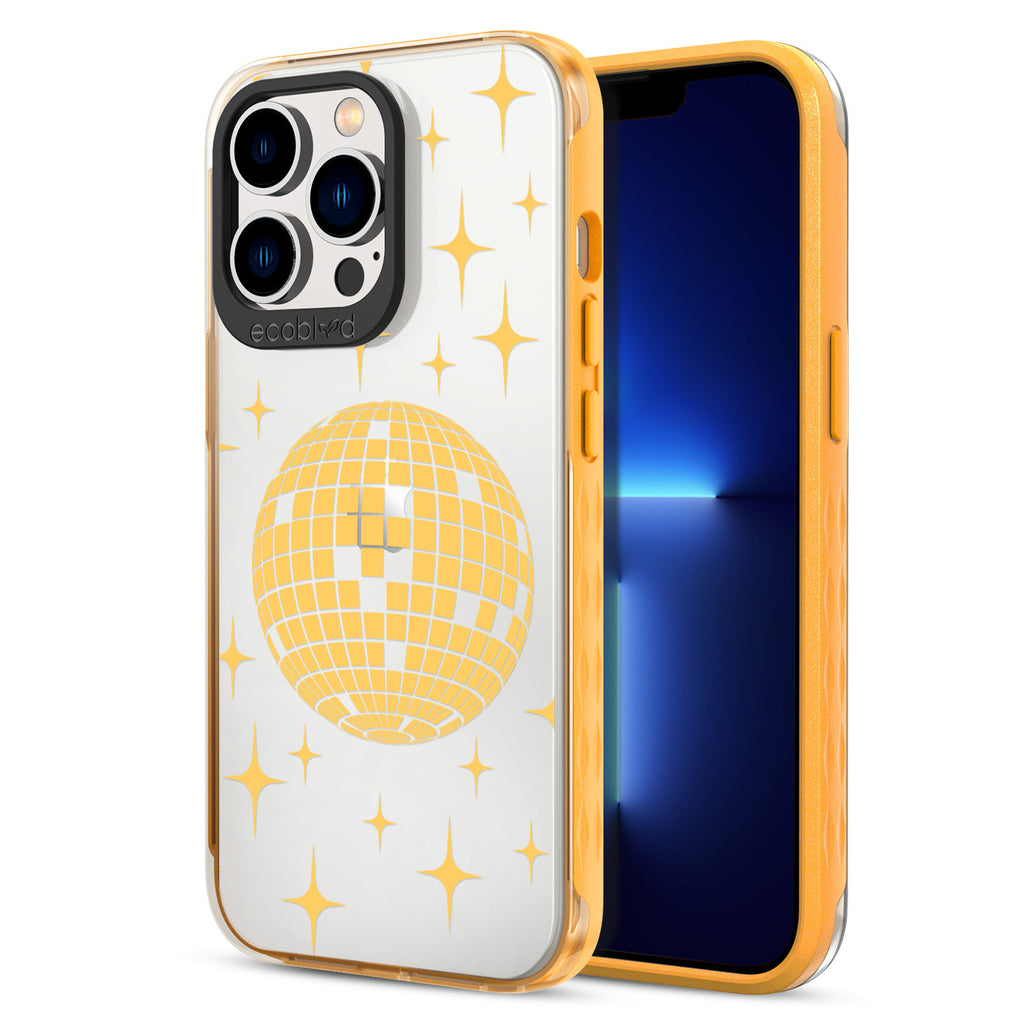 Back View Of Yellow Compostable iPhone 12 & 13 Pro Max Clear Case With The Disco With The Flow Design & Front View Of Screen